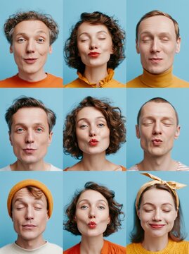 Collage of diverse people puckering lips for a kiss against a blue background