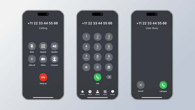 Realistic Smartphone Calling Screen UI Mockup Set with Dial Pad, Active Call Interface, Busy Screen and Mobile Phone Vector Illustration