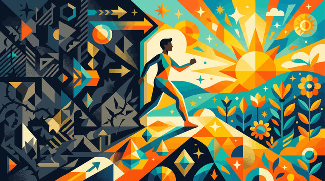 Person running from dark shadows toward a bright sun.