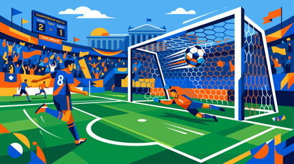Soccer player shooting ball at goal with diving goalkeeper. © anida77