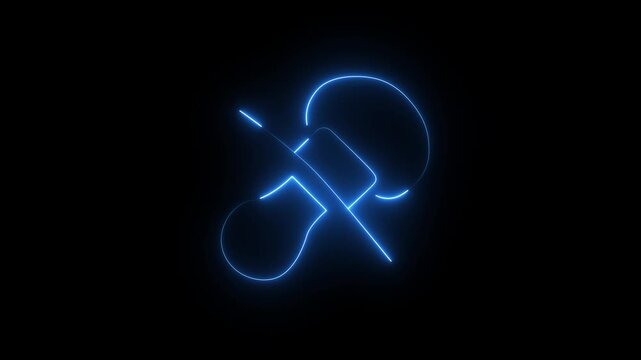 Neon drawing of a baby pacifier in one continuous line. Baby pacifier in one line art style. Animation on a black background 4K.