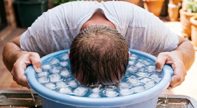 Man submerges his face into a basin full of cold water and ice. Person performs a refreshing face dip procedure for morning routine. Health and beauty treatment.