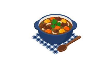 Bowl of chunky beef stew with spoon and napkin.