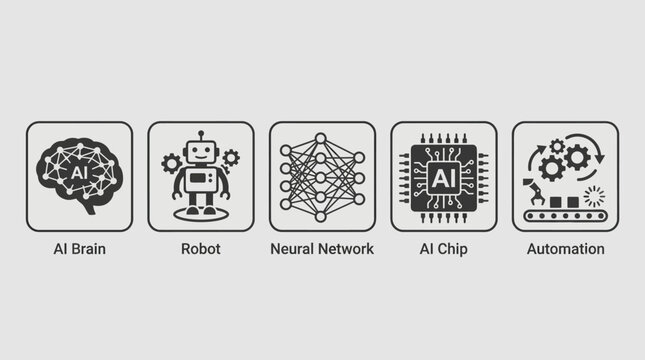 An illustration depicts AI concepts including a brain, robot, neural network, AI chip, and automation icons on a grey background.