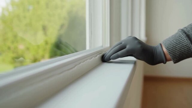 Gloved Hand Sealing a Window Frame Indoors