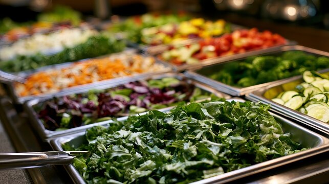 A vibrant and colorful salad bar display with fresh vegetables, greens, and toppings for healthy eating and delicious meals