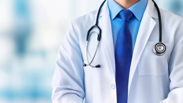 One doctor in white coat with stethoscope standing with crossed arms in hospital background