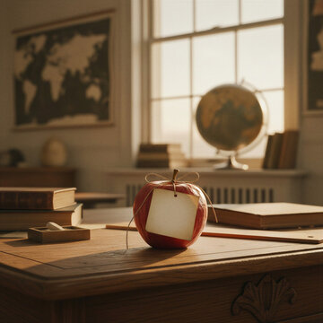 A red apple with a blank paper tag tied to its stem sits on a wooden desk, with a blurred classroom globe and maps in the background for World Teacher's Day.