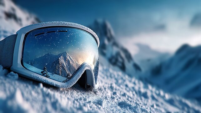 Snow goggles in alpine landscape for premium winter sports branding.

