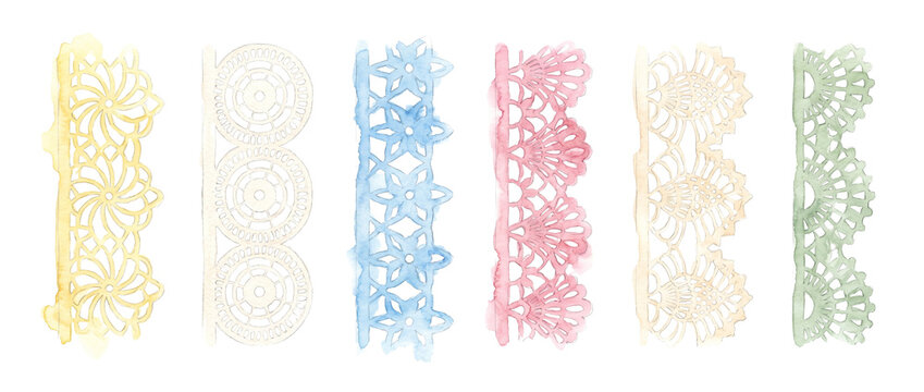 Watercolor lace borders set vintage crochet ribbons in pastel colors isolated on black background for craft, wedding invitation, card making, scrapbooking, and decorative needlework design project.