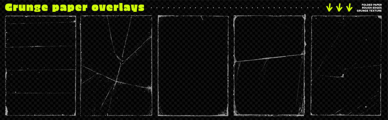 Fototapeta na wymiar Grunge folded old paper frames overlays on dark transparent effect background. Ripped torn edges, scratched corners and creases with wrinkles. Old aged retro frames and borders texture bg.
