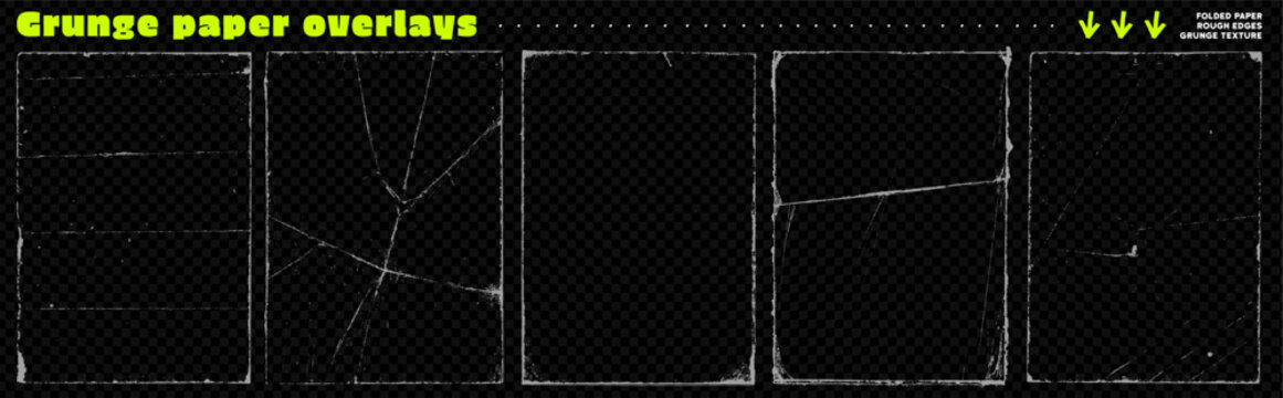 Grunge folded old paper frames overlays on dark transparent effect background. Ripped torn edges, scratched corners and creases with wrinkles. Old aged retro frames and borders texture bg.