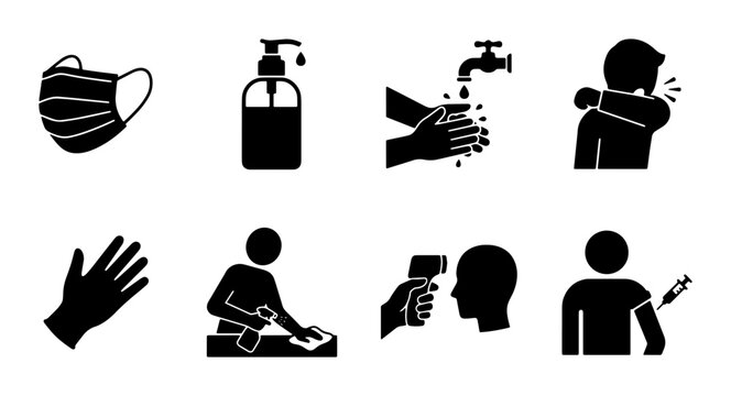 Hygiene and Safety Icons: Face Mask, Sanitizer, Handwashing, Coughing, Gloves, Cleaning, Temperature Check, Vaccination