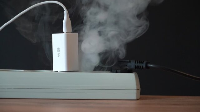White USB charger plugs into power strip. Black cable connects to strip on wooden surface. Dark background highlights modern tech setup. Clean composition shows everyday device use