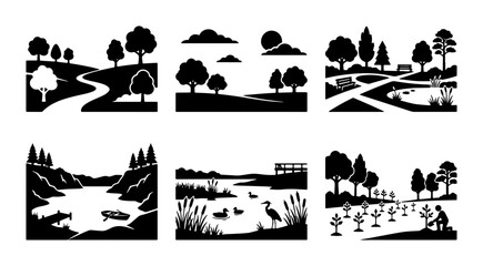 Fototapeta premium Vector Landscape Icons: Nature Scenes, Parks, Waterways, and Rural Settings for Design