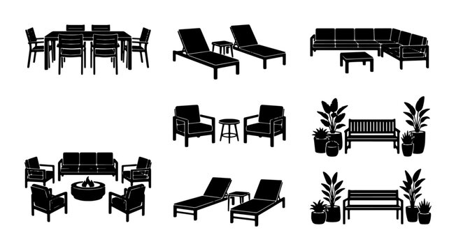 Outdoor Furniture Silhouettes: Patio Sets, Lounge Chairs, Benches, Fire Pit, Vector Icons for Design