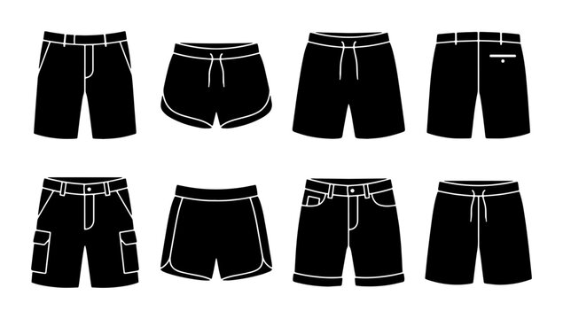Black Shorts Vector Icons Set: Casual Wear, Athletic Styles, Cargo Pants, Denim Shorts