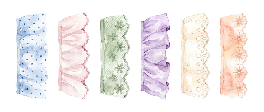 Watercolor lace borders trim set, hand painted colorful ruffled ribbons and vintage eyelet elements isolated on black background for digital scrapbooking, wedding invitations, and craft design.