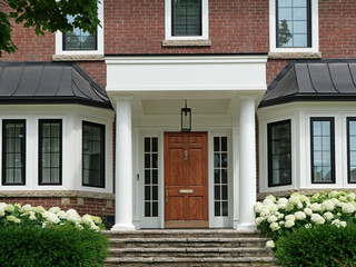 Obraz premium Traditional brick two story house with portico entrance and elegant wood grain front door