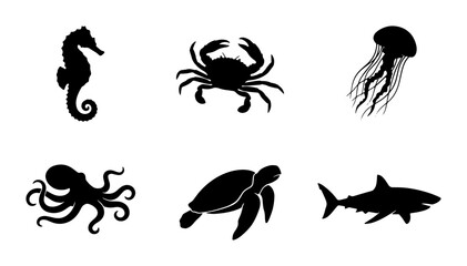 Marine Life Silhouettes: 6 Ocean Creatures Vector Icons Set, Nautical Underwater Animal Graphics © Farhan