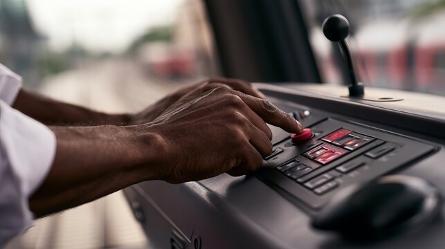 a close-up view of a train conductor pressing a button on the control panel, showcasing transportation and operational efficiency