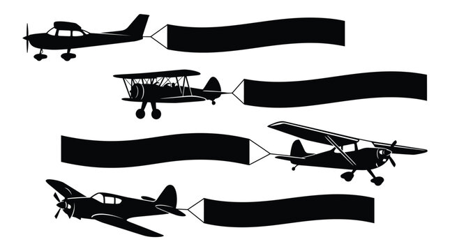 Minimalist black vector graphic set of various small airplanes pulling empty rectangular advertising message banners
