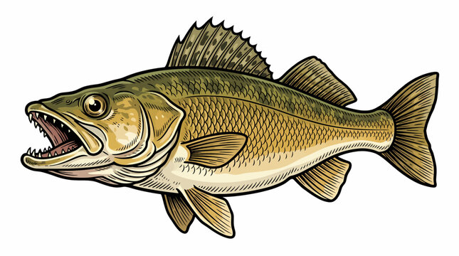 Detailed vector illustration of a walleye fish isolated on a white background