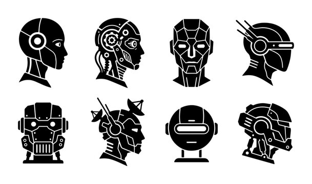 Futuristic Robot Heads Collection, Sci-Fi Android Avatars, Cyborg Profiles, AI Technology Icons