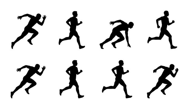Runner Silhouettes: Dynamic Sprinting Poses, Athletic Action Figures, Sports Performance Icons, Vector Set