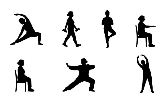 Senior Fitness Silhouettes: 7 Poses for Active Aging, Yoga, Tai Chi, Strength Training, Chair Exercises