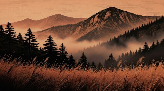 Dramatic mountain range rises above misty forest floor. Tall pine trees fill foreground with dry grass texture. Warm earthy tones create tranquil atmosphere. Illustration blends pyrography style