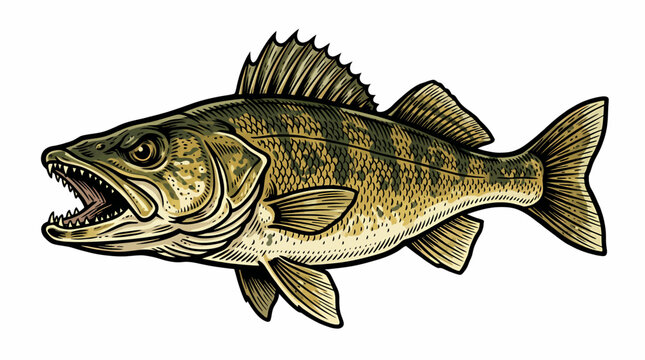Detailed vector illustration of a walleye fish isolated on a white background
