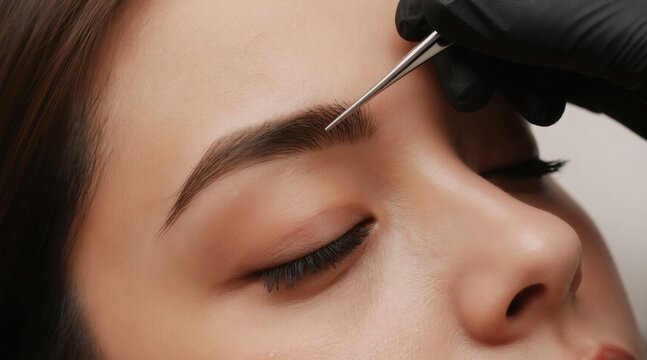 Close-up shows precise eyebrow shaping. A gloved hand uses tool to refine brow line. Beauty treatment focuses on detail and artistry. Professional care enhances facial aesthetics.