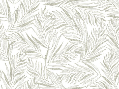 Seamless abstract  light  grey and white floral  background.Vector hand made grey and white pattern with leaves.