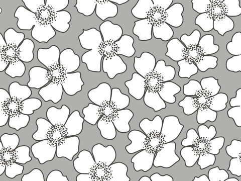 Abstract grey and white tropical floral seamless pattern ink drawing. Hand drawn flowers and leaves with dotted texture. Vector hawaii repeat background, wallpaper, print. Modern illustration.