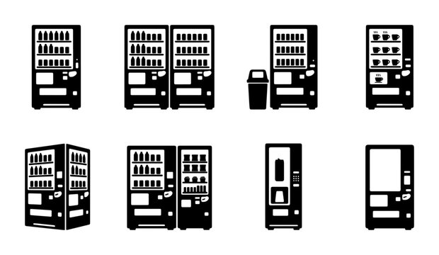 Vending Machine Icons: Modern beverage dispensers, automated retail units, and snack machines, set of 8 vector graphics