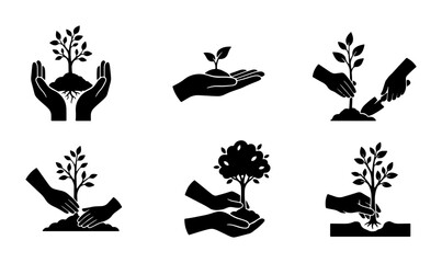 Planting Seedlings Icons, Growing Tree Set, Hands Cultivating Saplings, Eco Growth Vector Graphics © Md