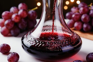 Obraz premium Red wine pours into crystal decanter on white surface. Grapes surround glass vessel. Elegant drink display shows clarity and shine. Fine beverage for luxury dining or celebration.