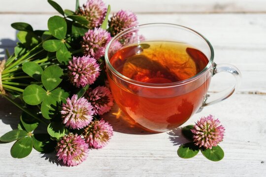 Glass cup holds red clover tea next to fresh flowers and green leaves on a wooden table. This herbal infusion offers a natural, healthy drink option.