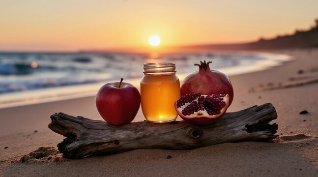 Golden sunset illuminates sandy beach with symbolic Rosh Hashanah arrangement. Honey jar rests on driftwood alongside apples and pomegranate fruit. Calm ocean waves meet shore creating peaceful scene.