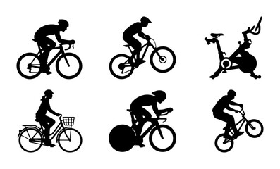 Fototapeta premium Diverse Bicycle Silhouettes Collection: Road, Mountain, BMX, Stationary, and Commuter Cyclists in Action, Vector Graphics for Sports and Fitness Themes