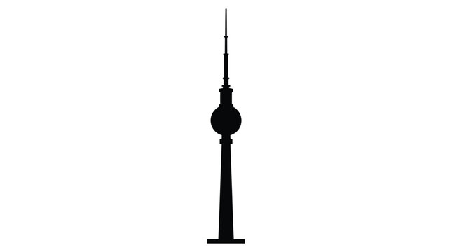 Minimalist black vector illustration showing the iconic Berlin television tower silhouette on a white background