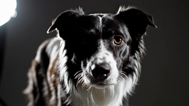 Dramatic portrait of a black and white border collie dog looking intently at the camera in a dark studio setting