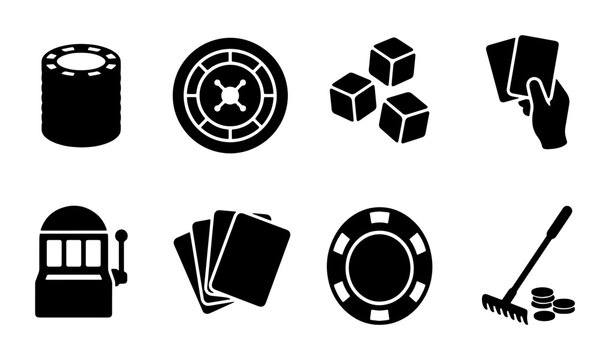 Casino Icons Vector Set: Gambling Chips, Roulette Wheel, Dice, Cards, Slot Machine, Rake