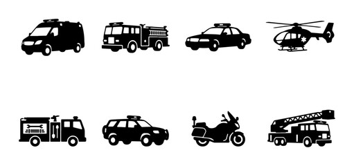 Emergency Vehicle Icons: Police Car, Fire Truck, Ambulance, Helicopter, Motorcycle Set © Meherima