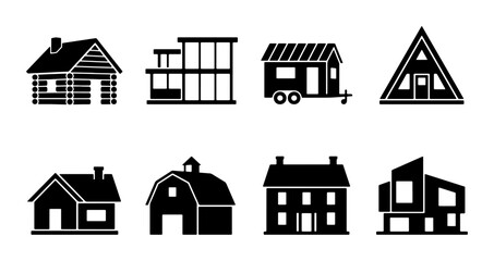Diverse House Icons Set: Modern, Rustic, Tiny Home & Barn Vector Graphics for Real Estate © Meherima