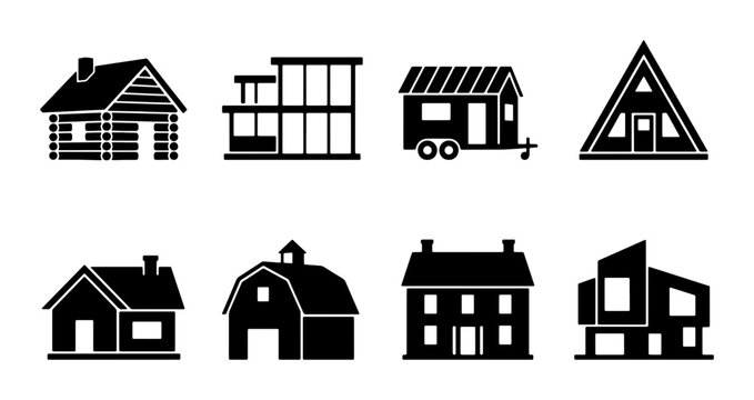 Diverse House Icons Set: Modern, Rustic, Tiny Home & Barn Vector Graphics for Real Estate