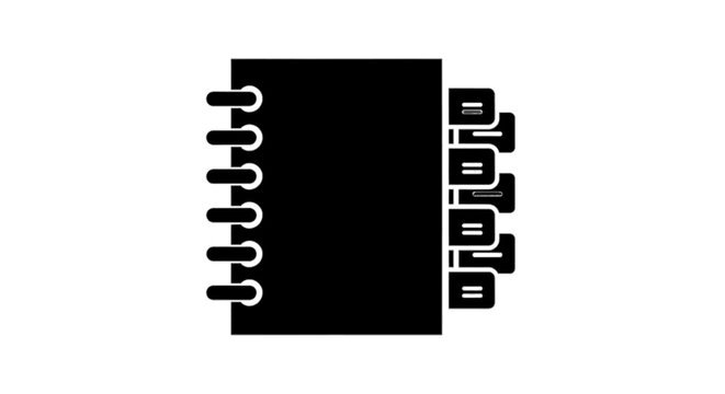 Minimal black silhouette icon, simple flat vector, bold black shape, no gradients, no shading black icon of a spiral notebook with index tabs on a, flat icon style