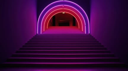 Fototapeta premium Purple pink neon arches frame stairs in dark modern tunnel. Empty futuristic pathway offers vibrant geometric background for presentation or stage design. Abstract interior space.