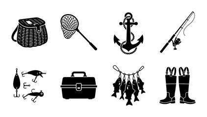 Fishing Equipment Icons Set, Nautical Gear Vector Graphics, Angling Tools Collection, Outdoor Hobby Elements © Amir